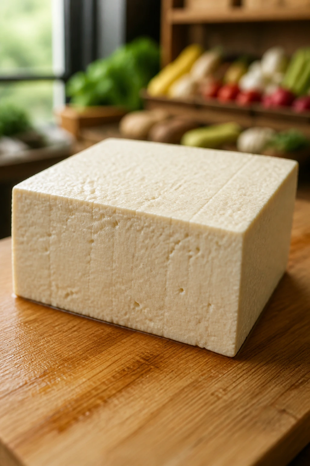 Ultra-detailed close-up of extra-firm tofu block on cutting board