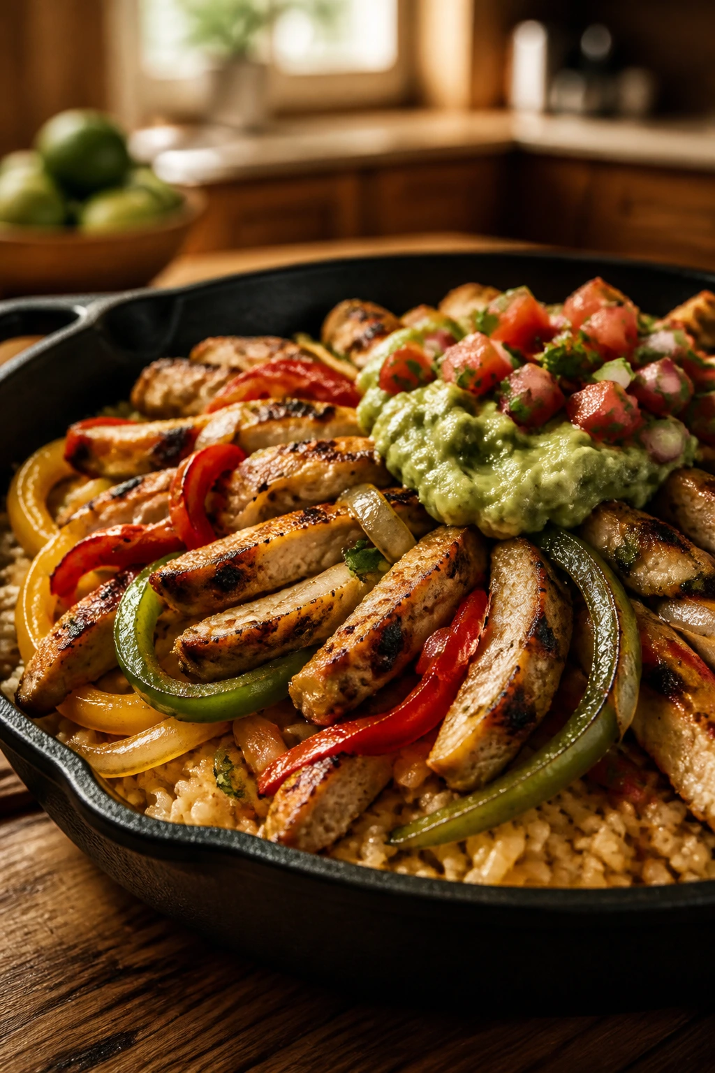 Close-up of fajita skillet bowls with chicken and peppers in a cast-iron skillet on a warm kitchen counter