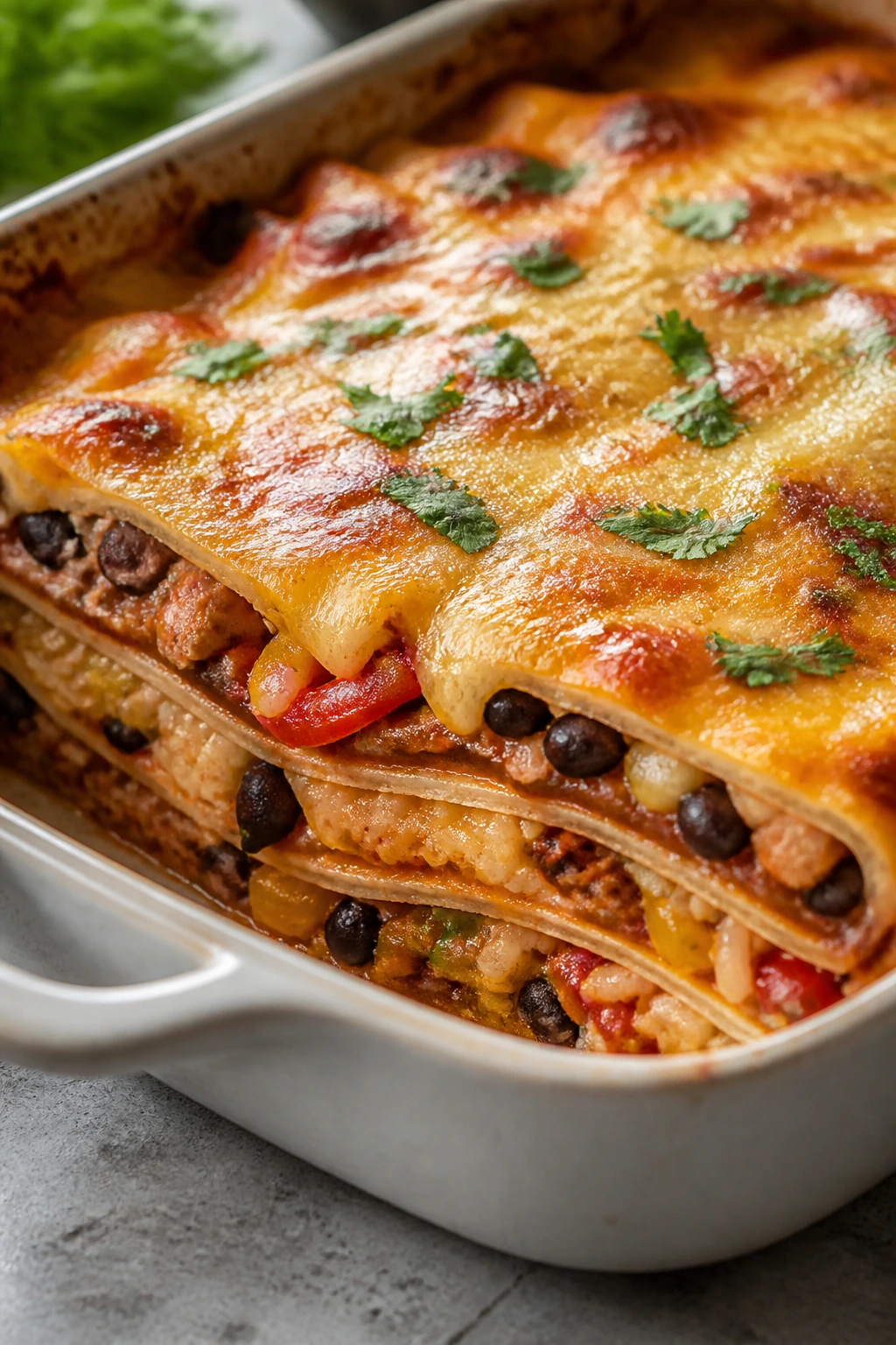 Layered tortilla bake with peppers and cheese in a baking dish
