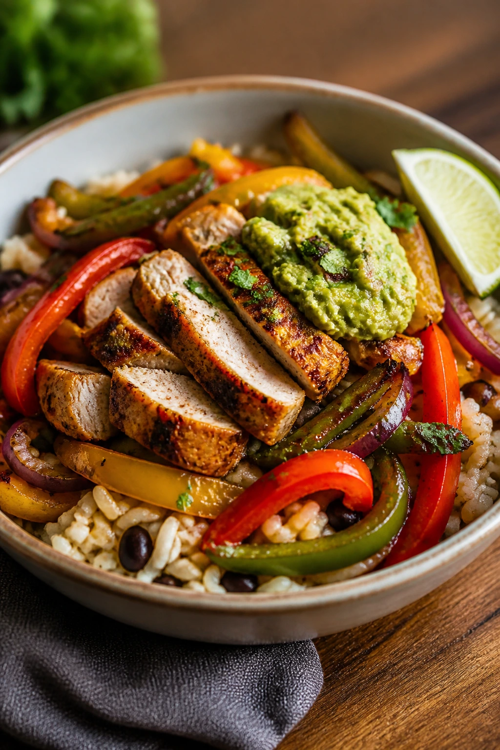Close-up of a fajita chicken bowl with peppers, onions, and rice in a warm kitchen.