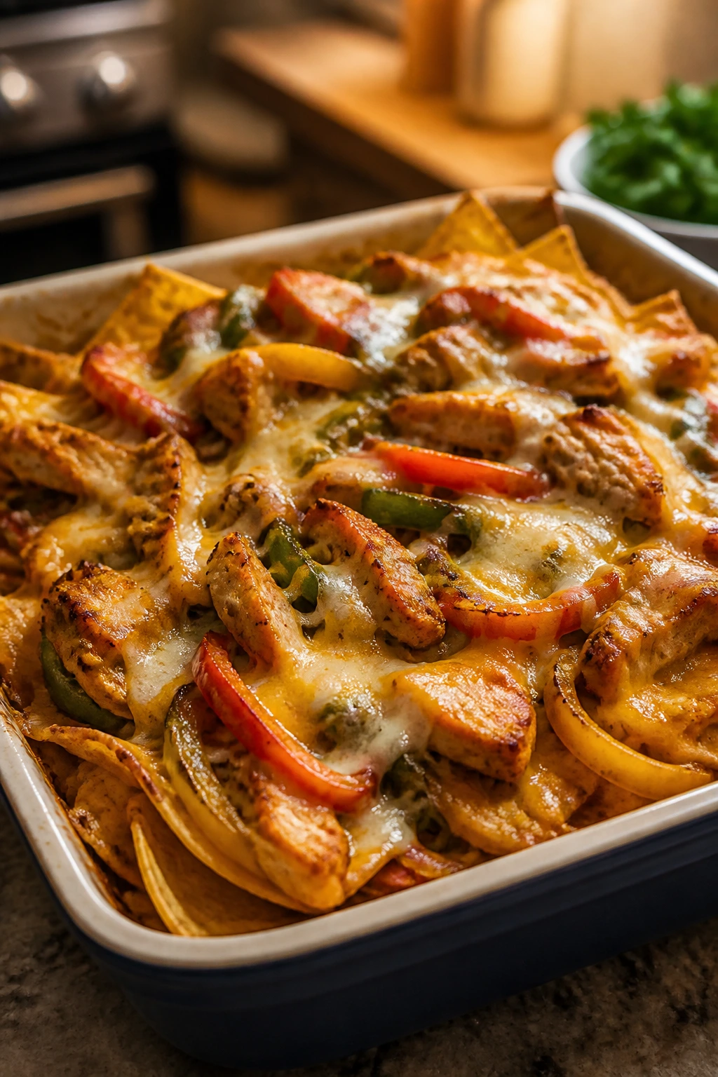 Top-down view of fajita nacho bake with melted cheese