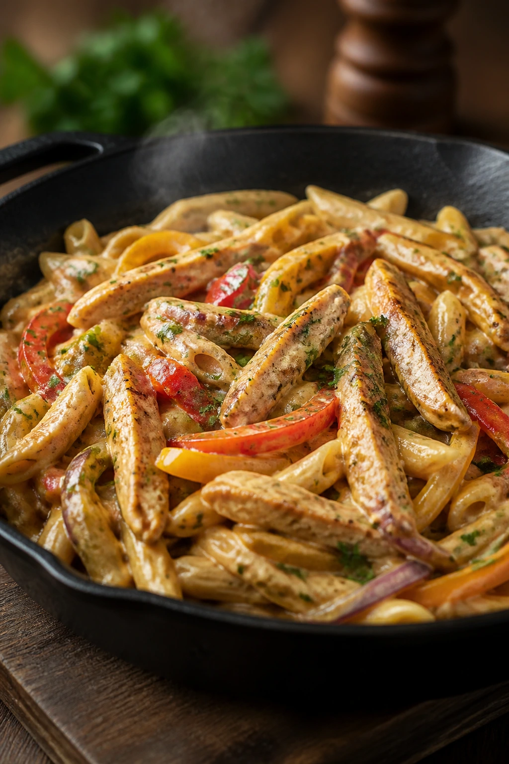 Creamy fajita pasta with chicken and peppers in a skillet
