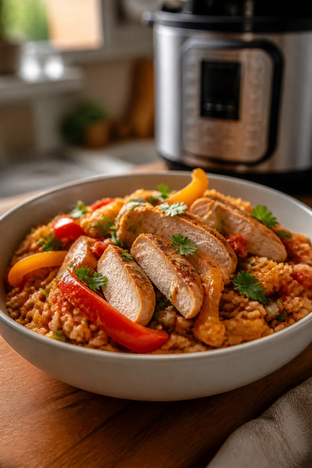 Close-up of a chicken fajita rice bowl with peppers and onions on a wooden table