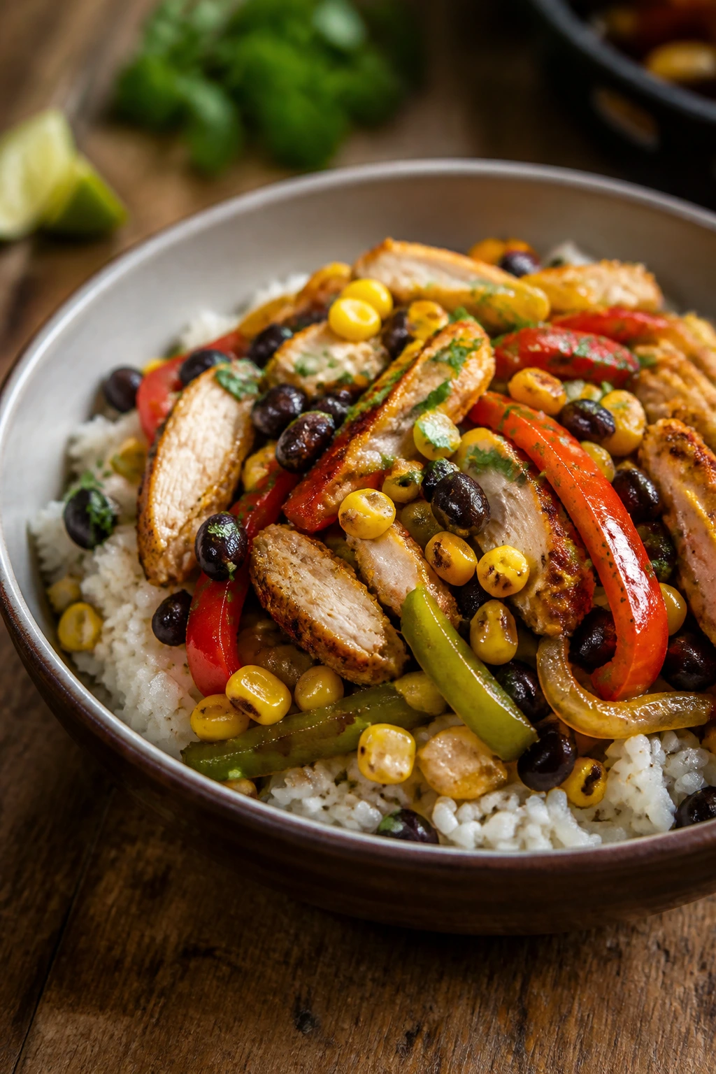 Close-up of fajita rice bowl with chicken, beans, and corn on wooden table