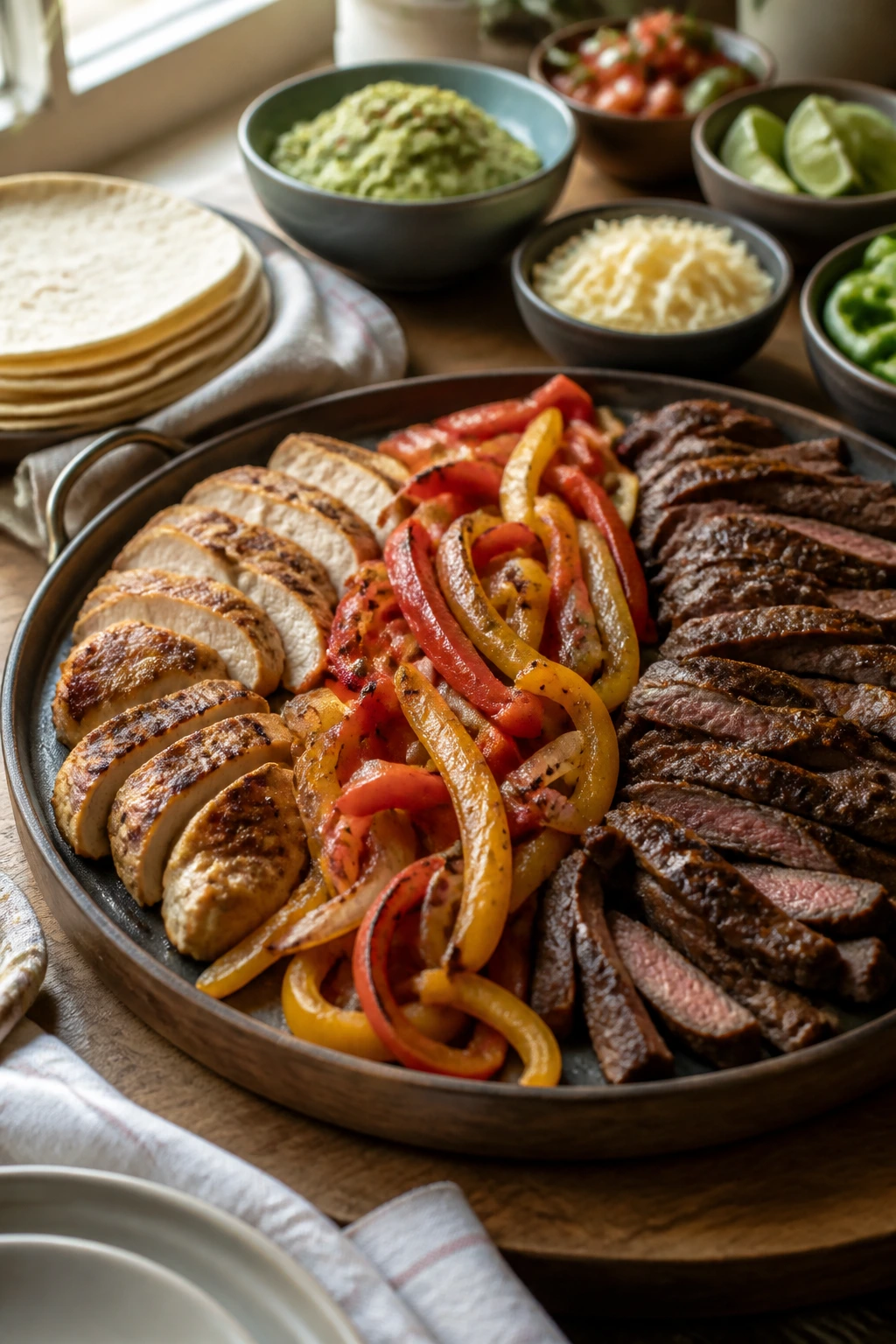 Serving tray with fajita fillings and tortillas arranged for a family meal.