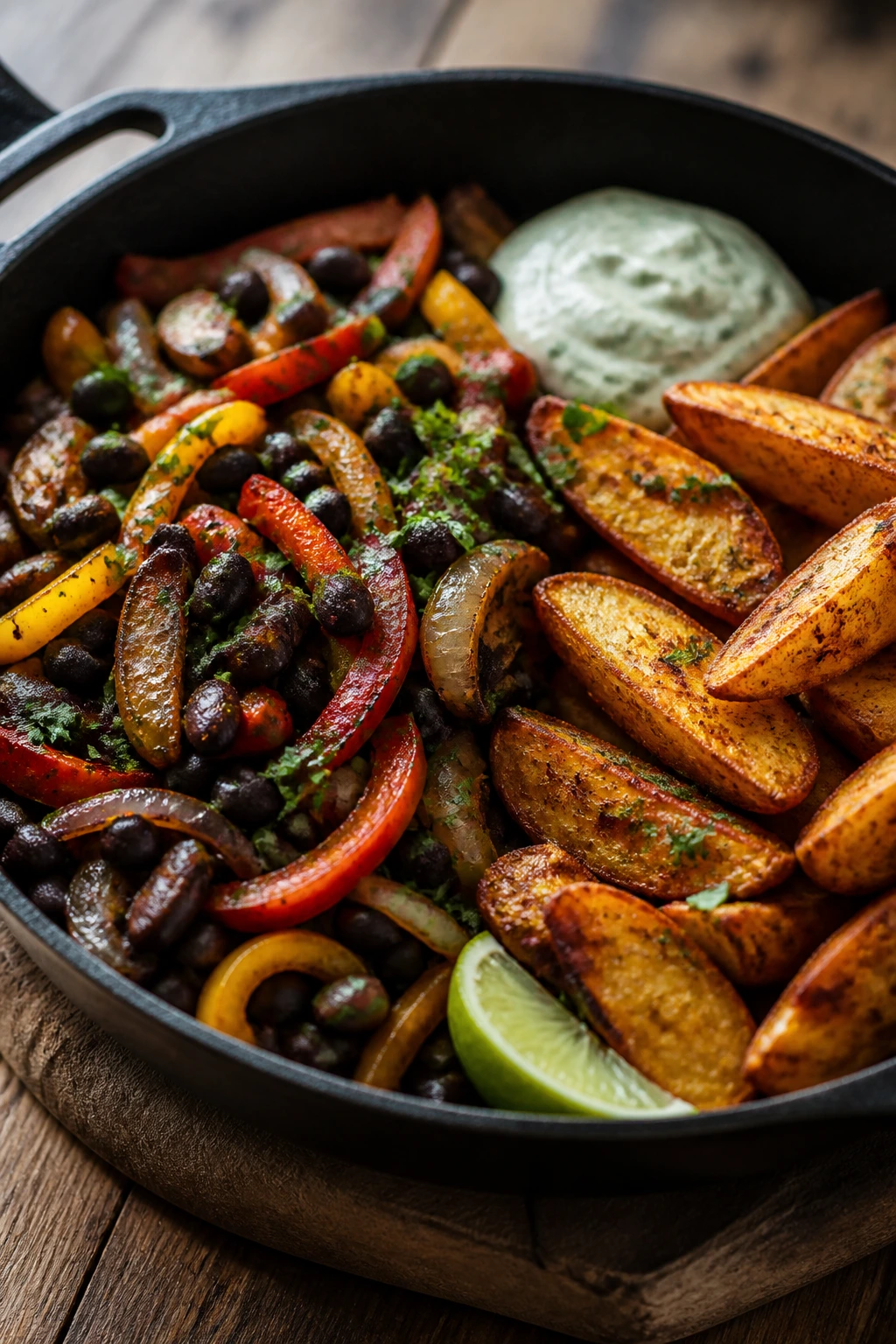 Skillet of black beans with fajita vegetables and crispy potato wedges