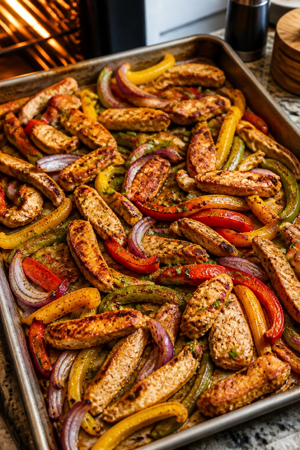 Top-down close-up of chicken fajitas on a sheet pan with peppers