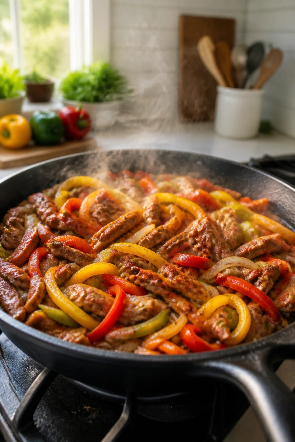 Close-up of an overcrowded fajita skillet with peppers and meat.