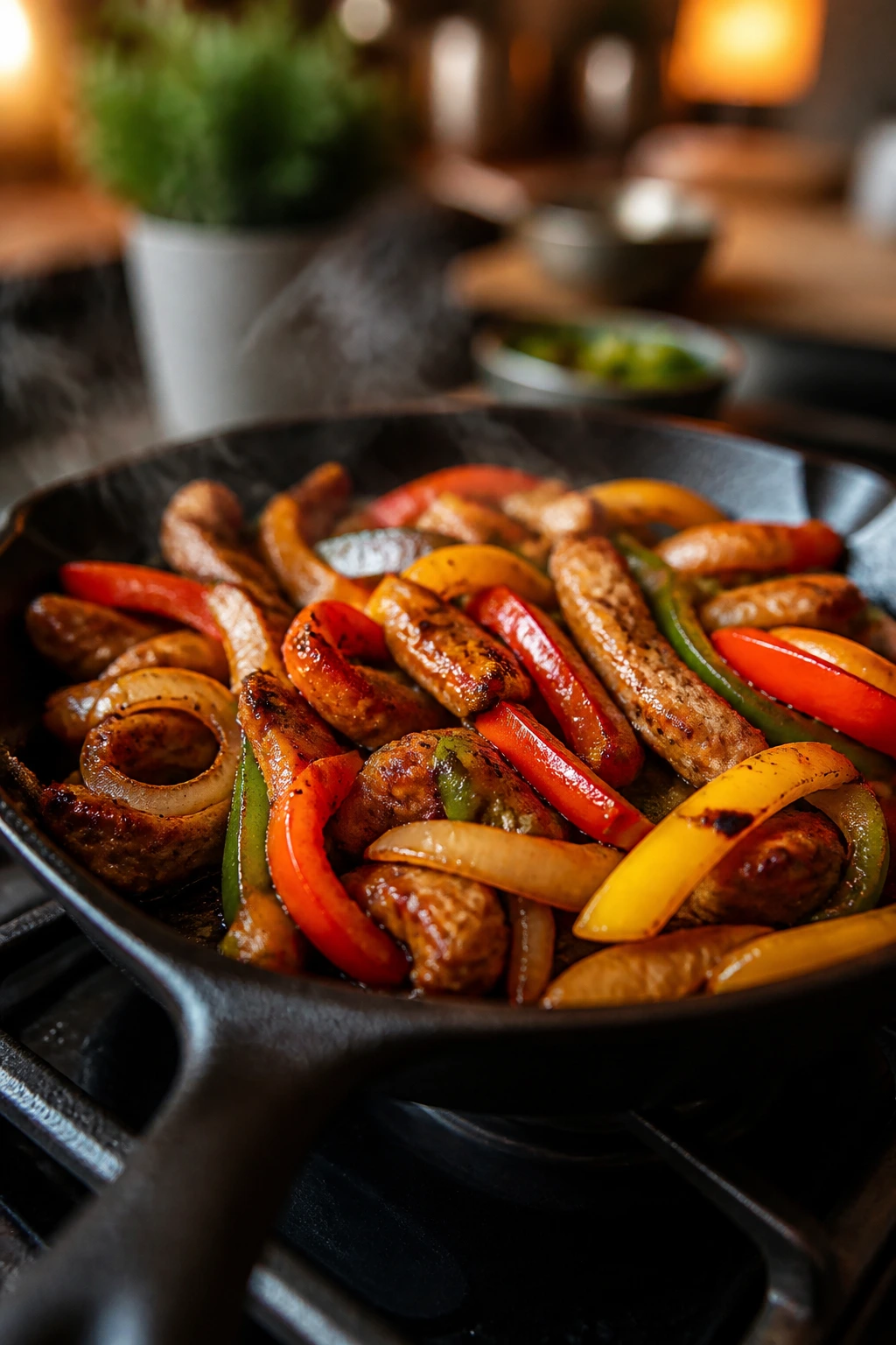 Close-up of a sizzling fajita skillet with peppers and meat on a stove.