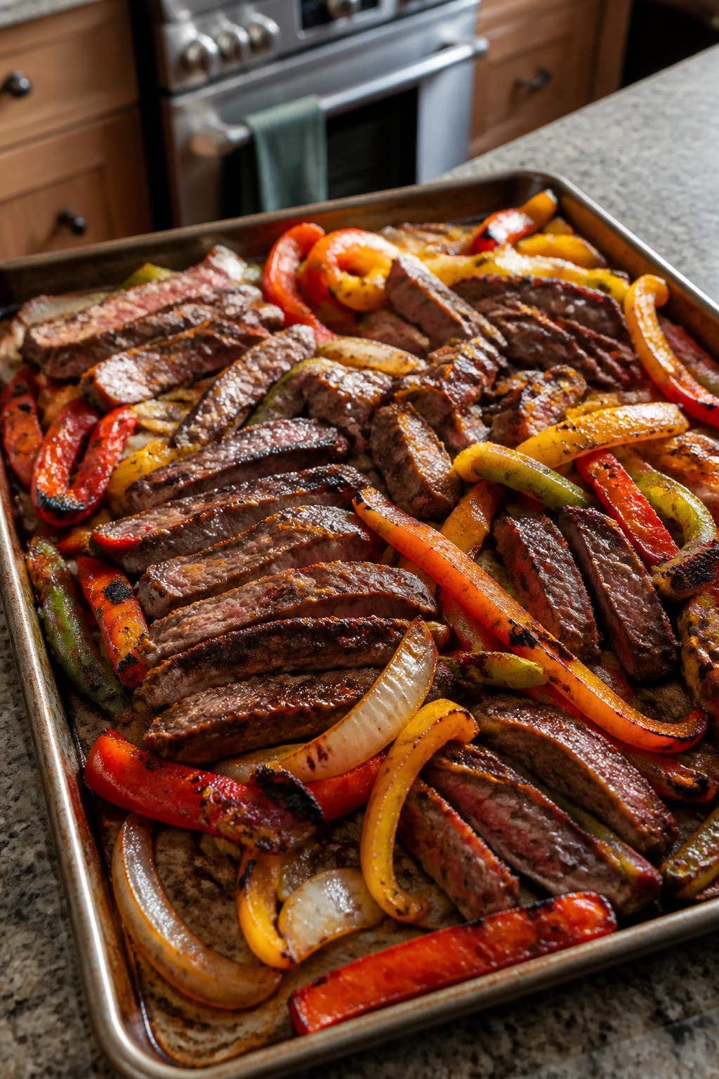 Sheet-pan steak fajitas with peppers and onions on a pan