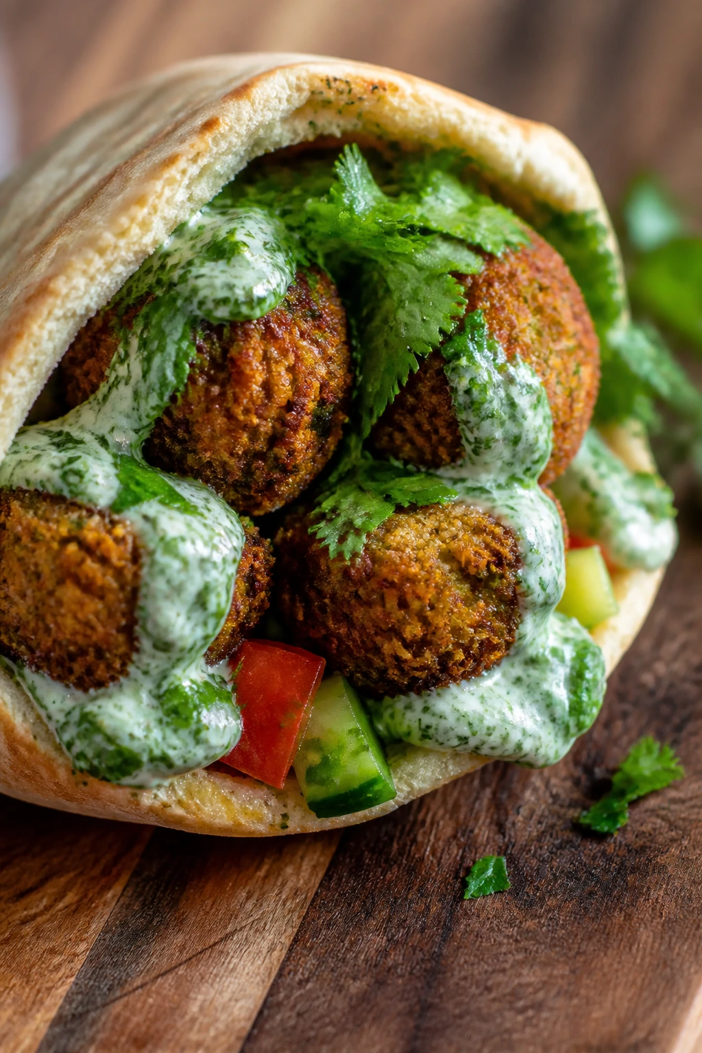 Close-up of falafel pita with herb sauce on rustic backdrop