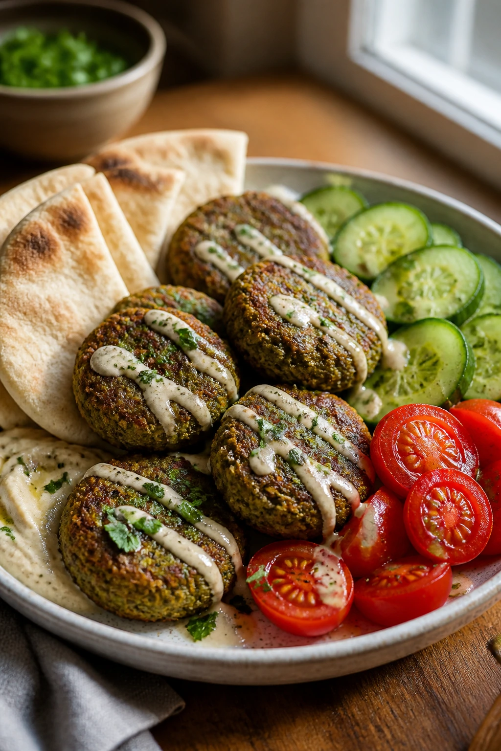 Close-up of baked falafel plates with pita and tahini in a cozy kitchen