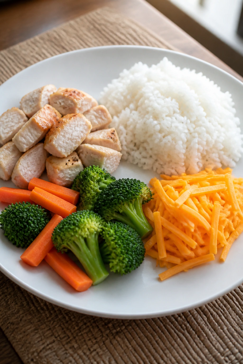 Plate with separate piles of rice, chicken, cheese, and vegetables.