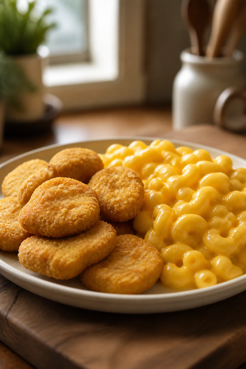 Plate with chicken nuggets and macaroni and cheese on a cozy table