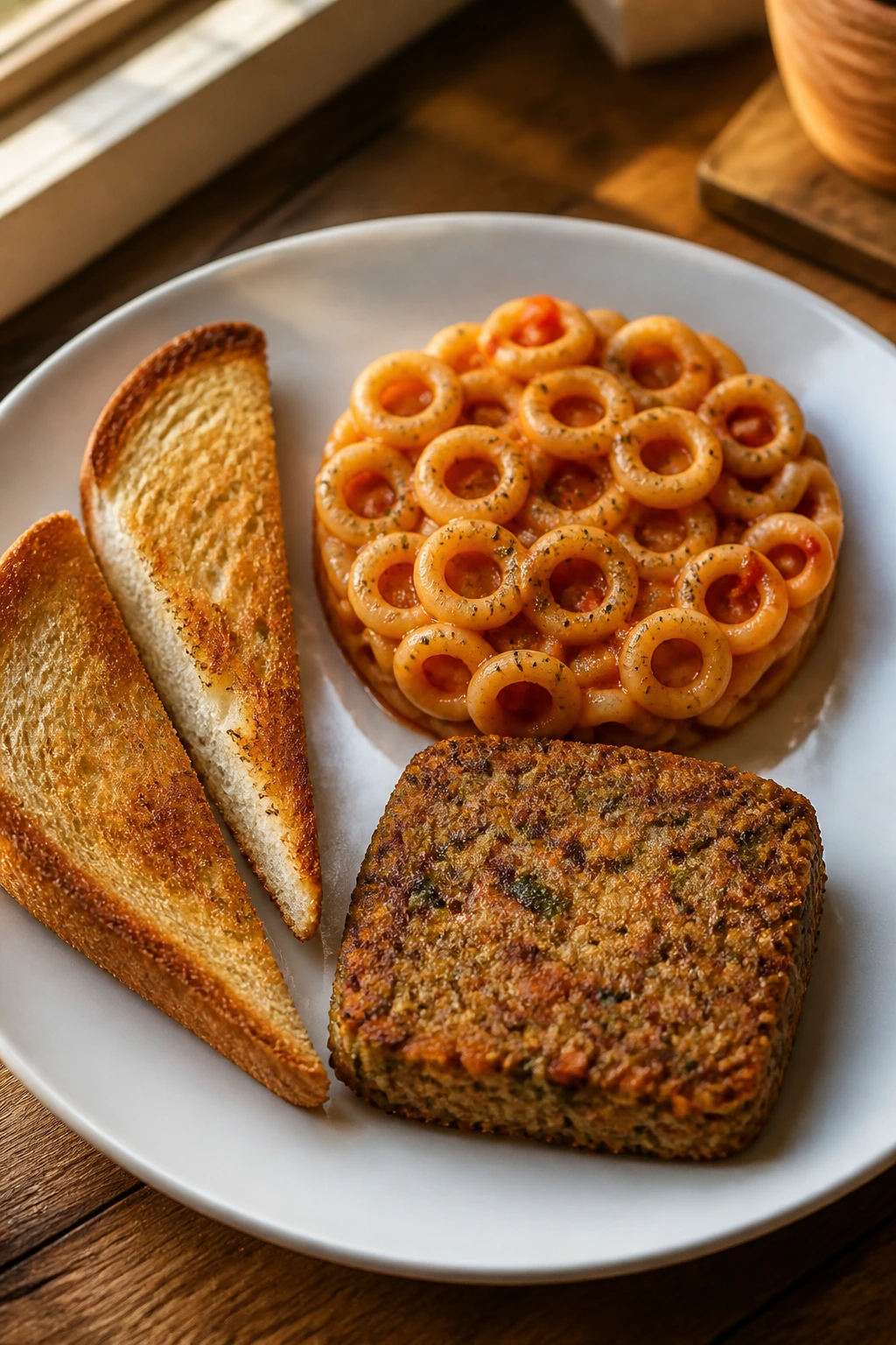 Plate with familiar-shaped vegan foods arranged in circles, triangles, and squares