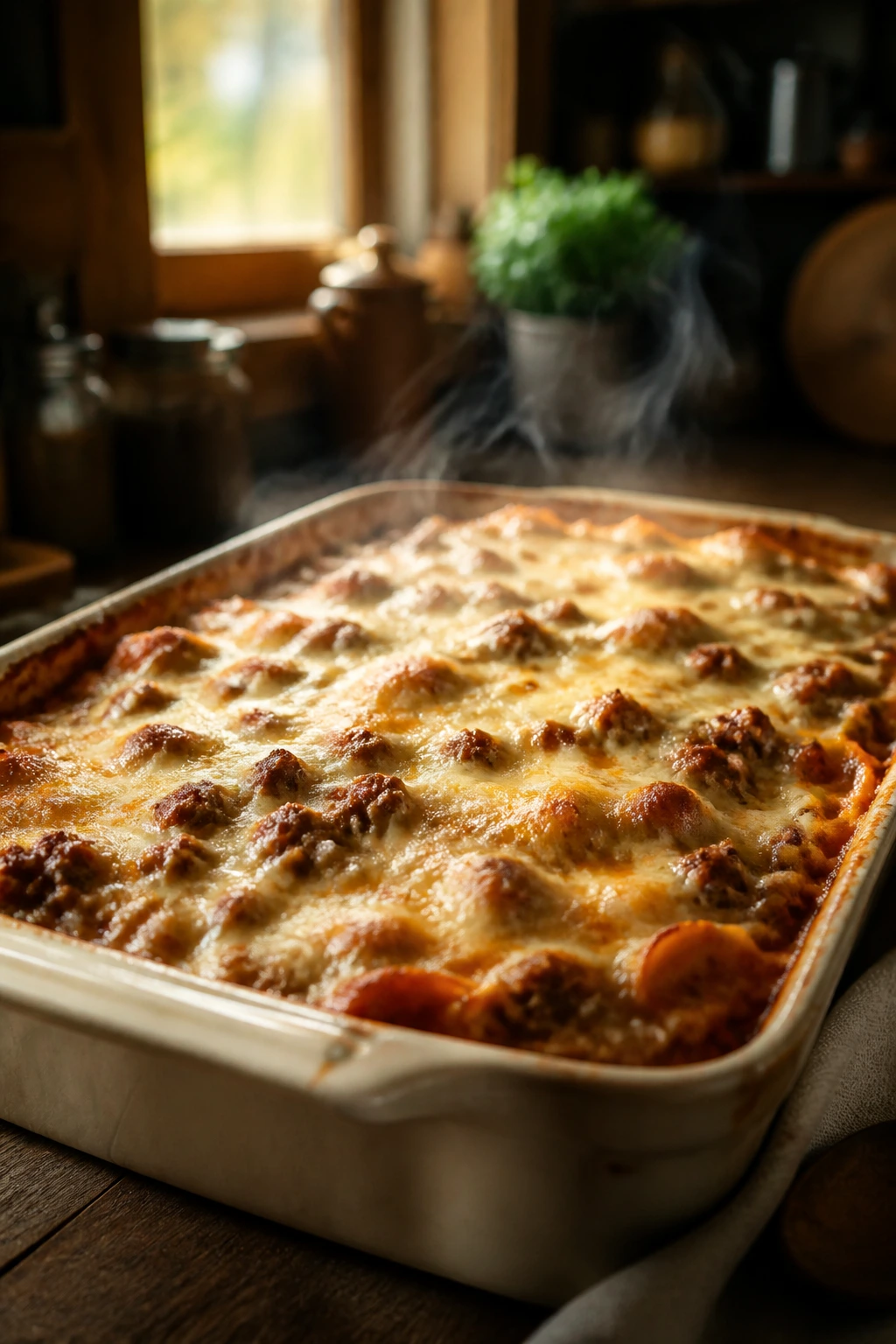 Close-up of bubbling casserole dominating a rustic wooden table with steam in a warm kitchen