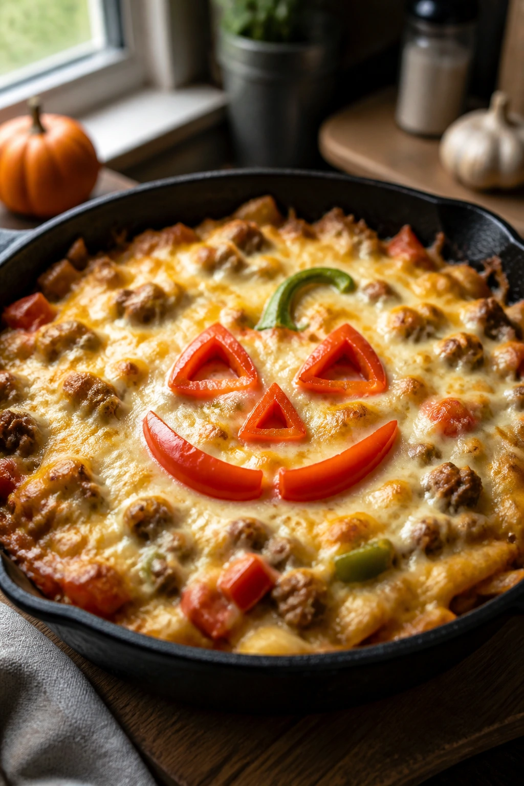 Close-up of a cheesy casserole in a cast-iron skillet with a pepper-face garnish in a cozy kitchen.