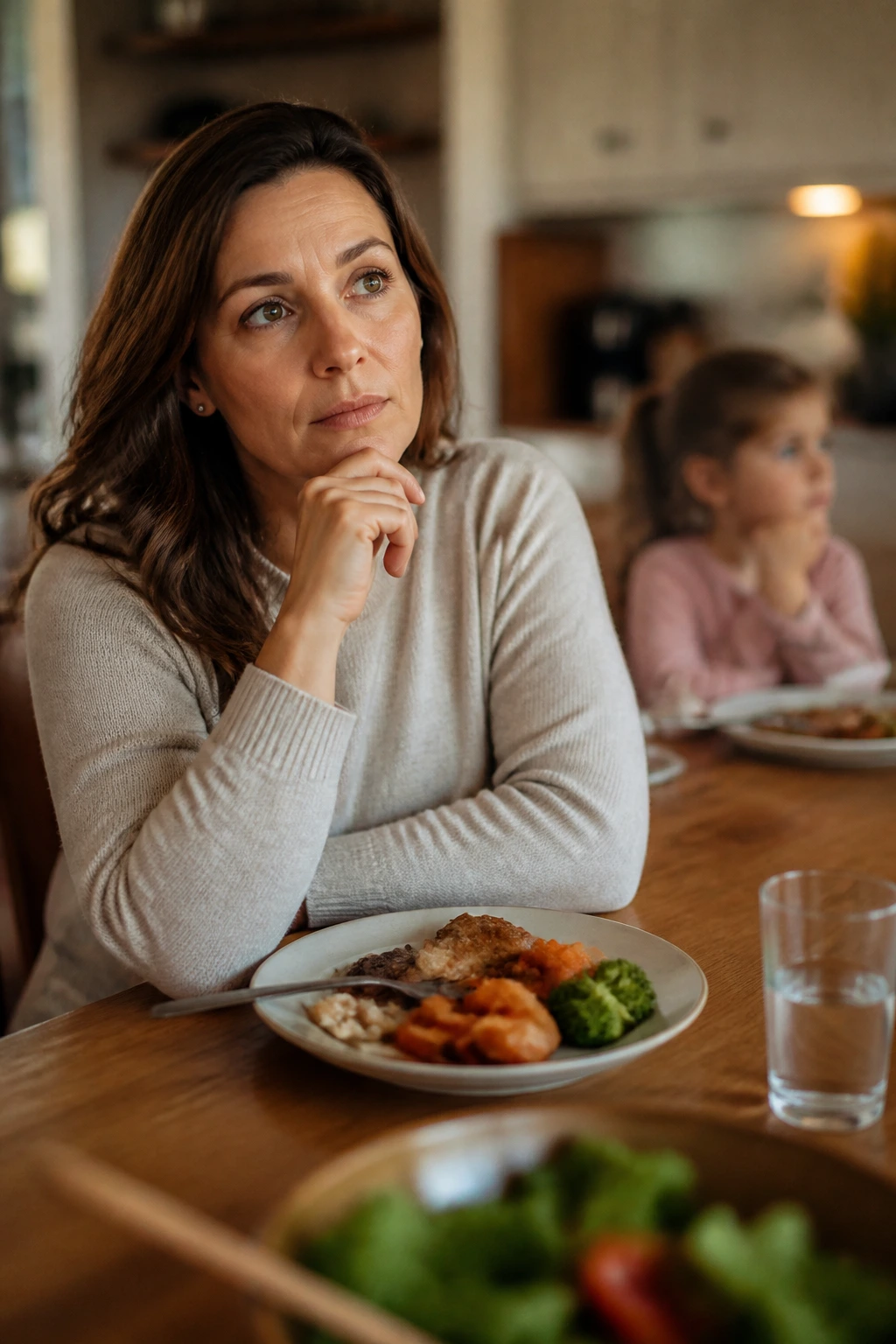 Parent at kitchen table with child in background looking thoughtful