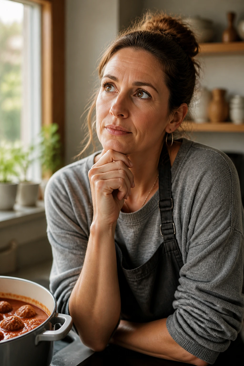 Portrait of a real parent in a kitchen thinking about meatball dinners.