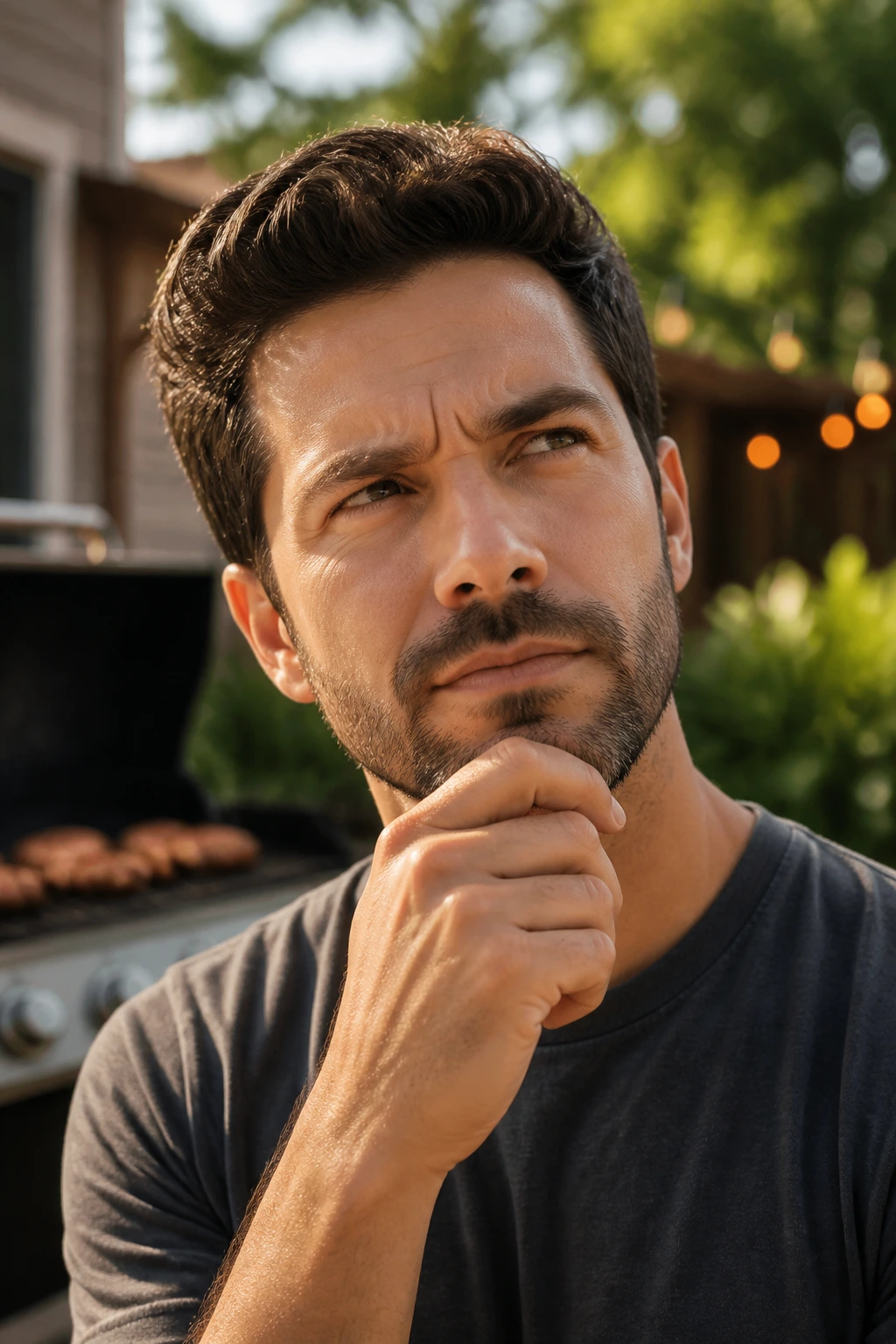 Portrait of a real person in a backyard with a grill, thoughtful expression.