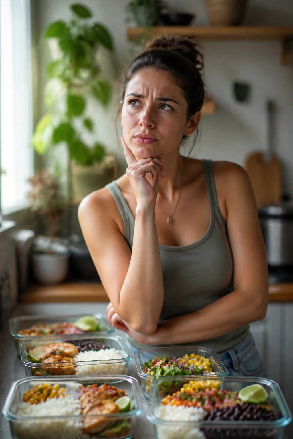 Portrait of a real person in kitchen with thoughtful expression