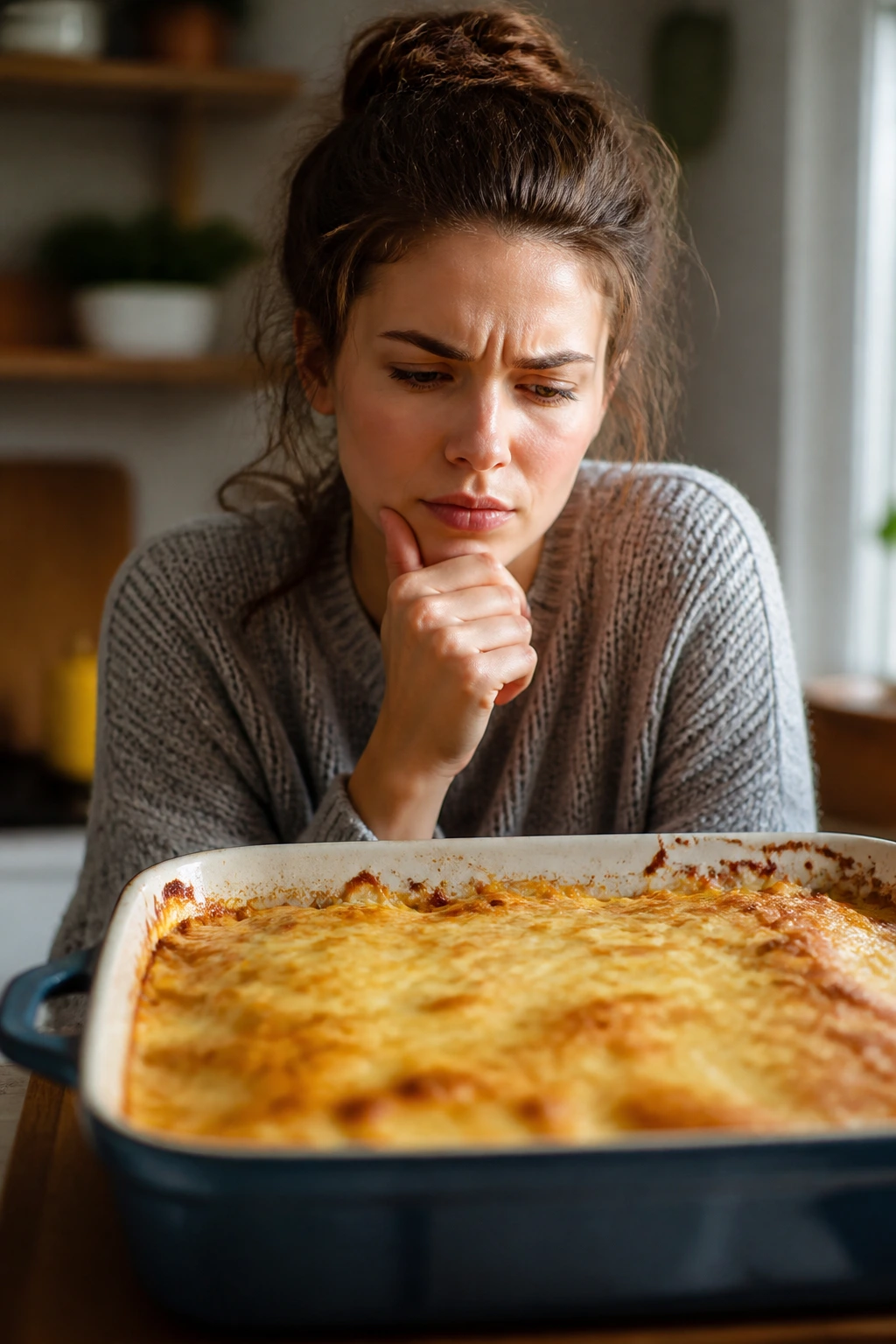 Real person contemplating casserole FAQs in a warm kitchen