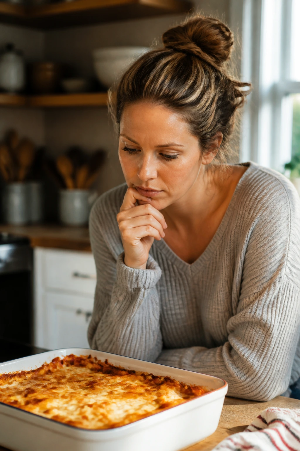 Portrait of a home cook contemplating a freezer casserole in a warm kitchen