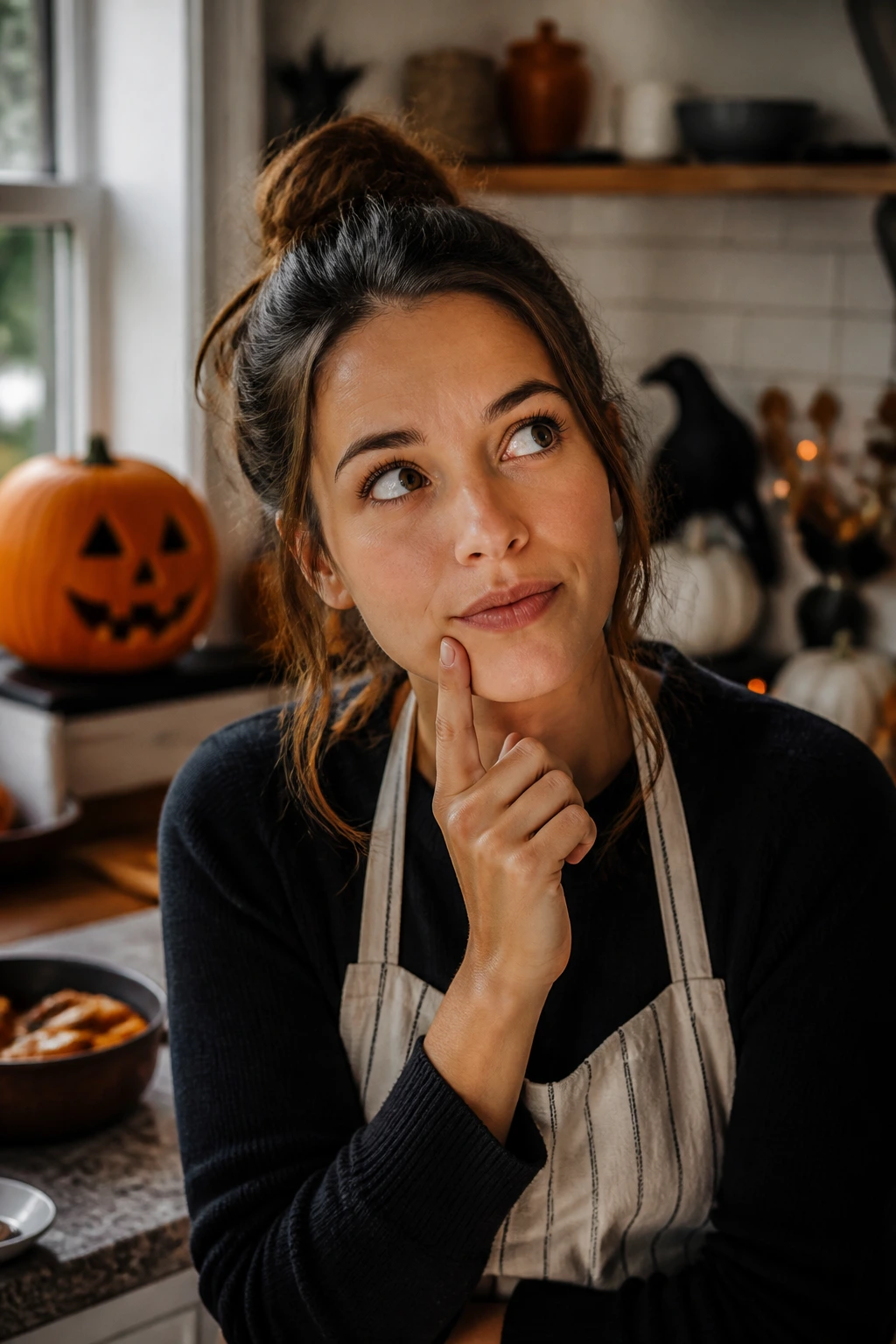 Portrait of a real person in a kitchen, thoughtful expression