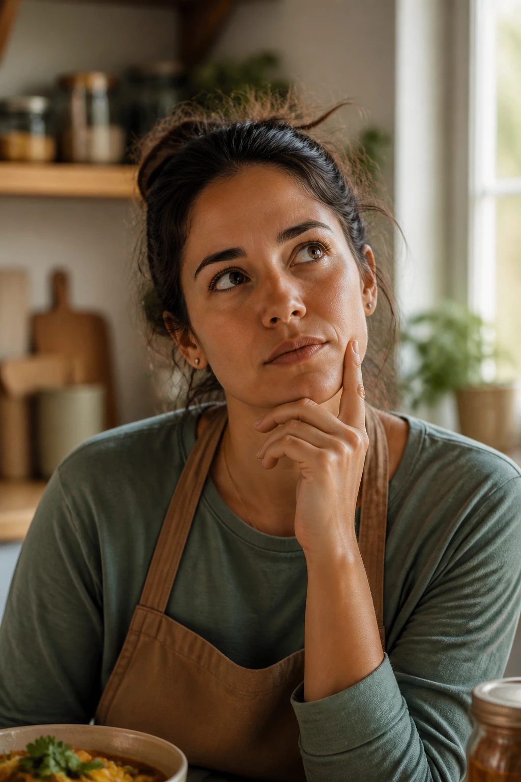 Portrait of a thoughtful home cook in a kitchen, representing common cooking questions.