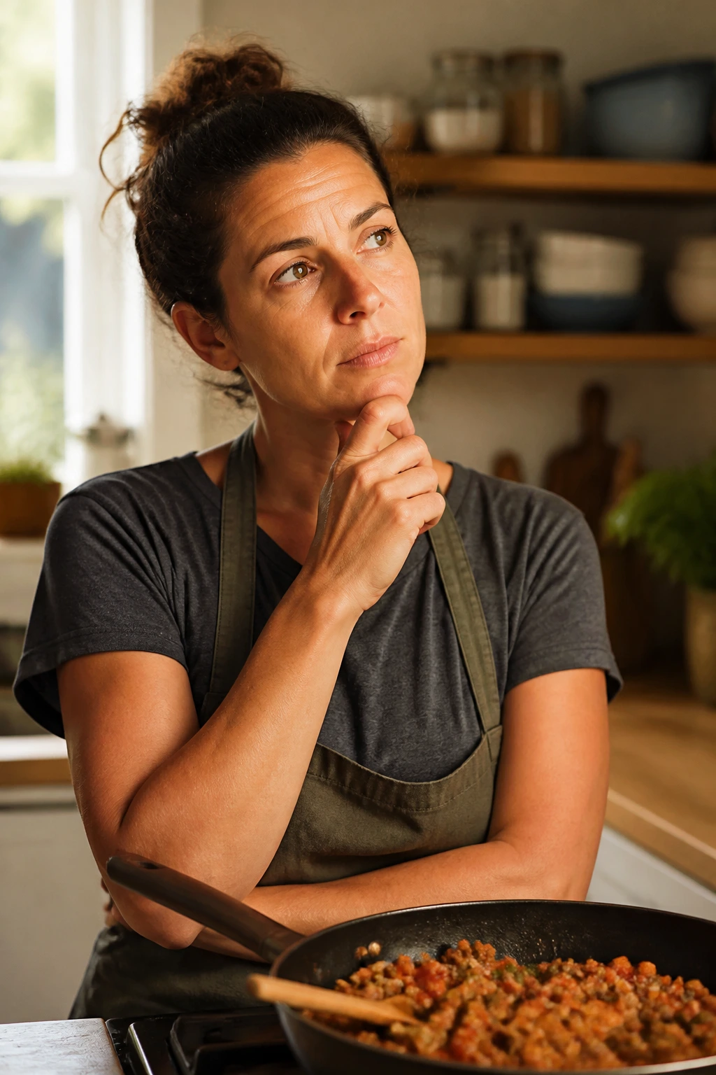 Portrait of a real person in a kitchen with a thoughtful expression, representing cooking questions