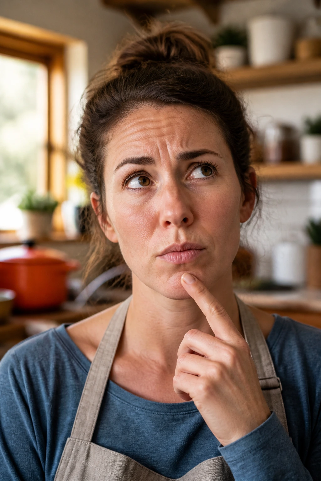 Portrait of a real person in a kitchen contemplating game-day questions