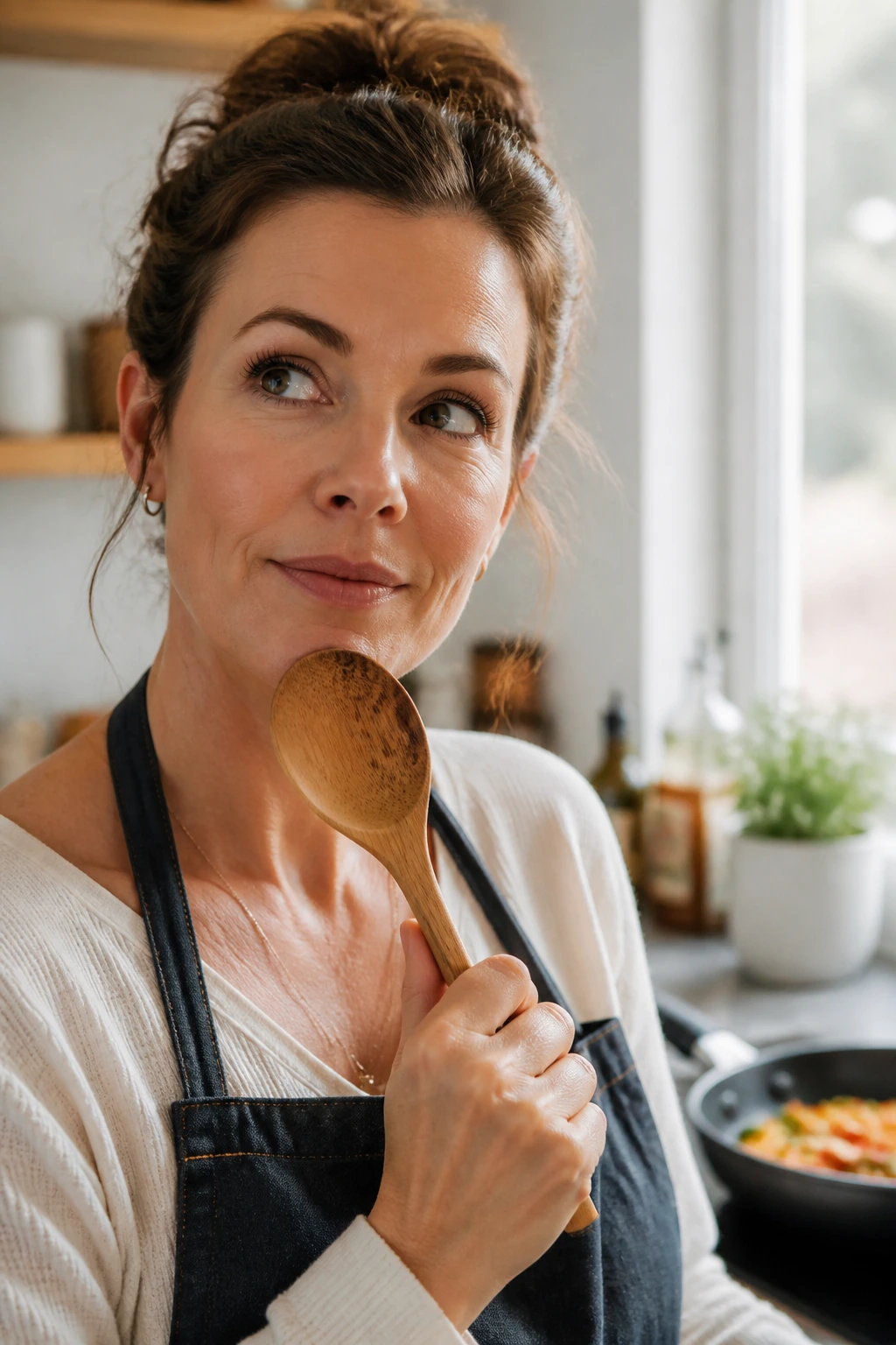 Portrait of a curious home cook in a bright kitchen ready to answer questions