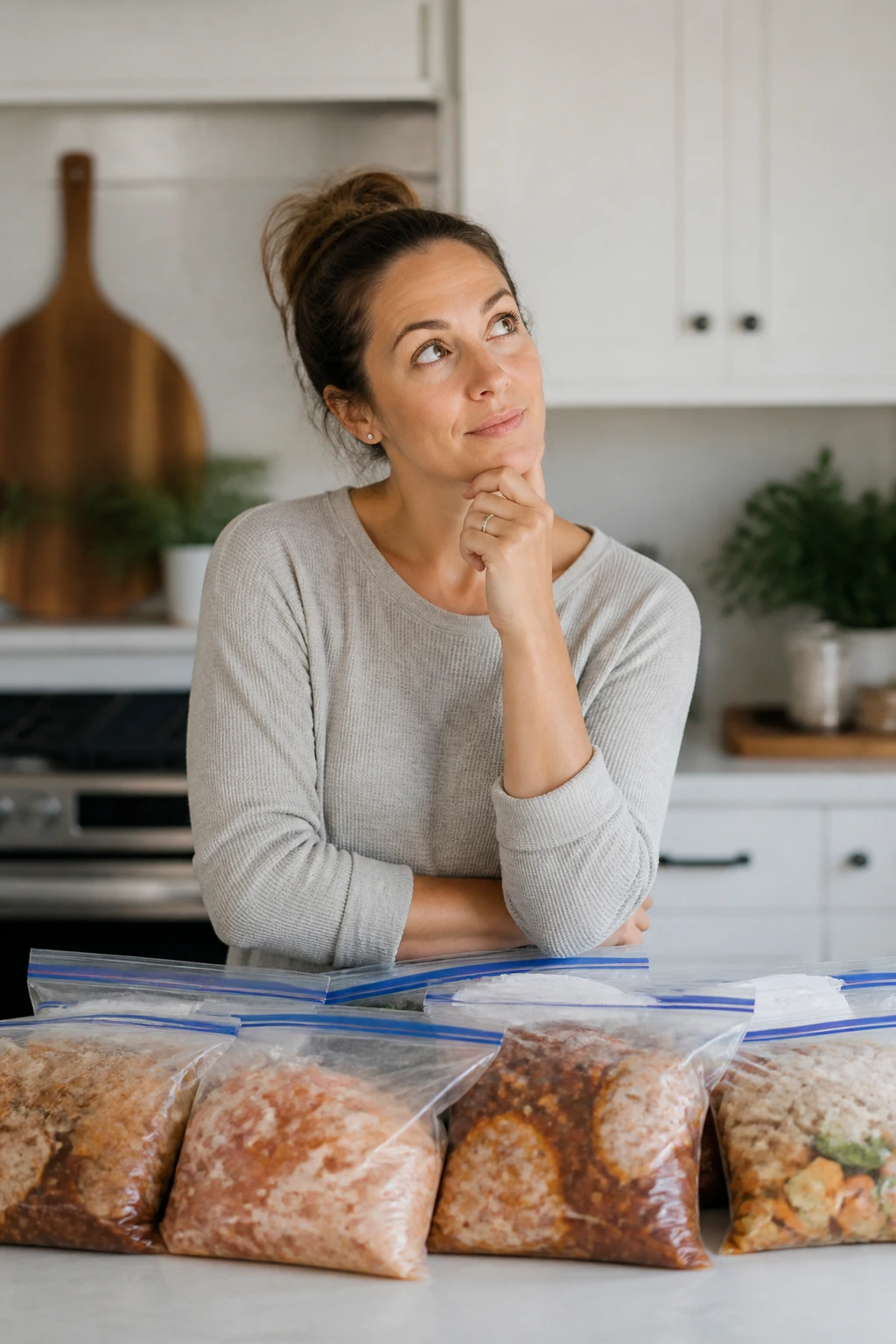 Curious home cook in kitchen asking questions about crockpot freezer meals.