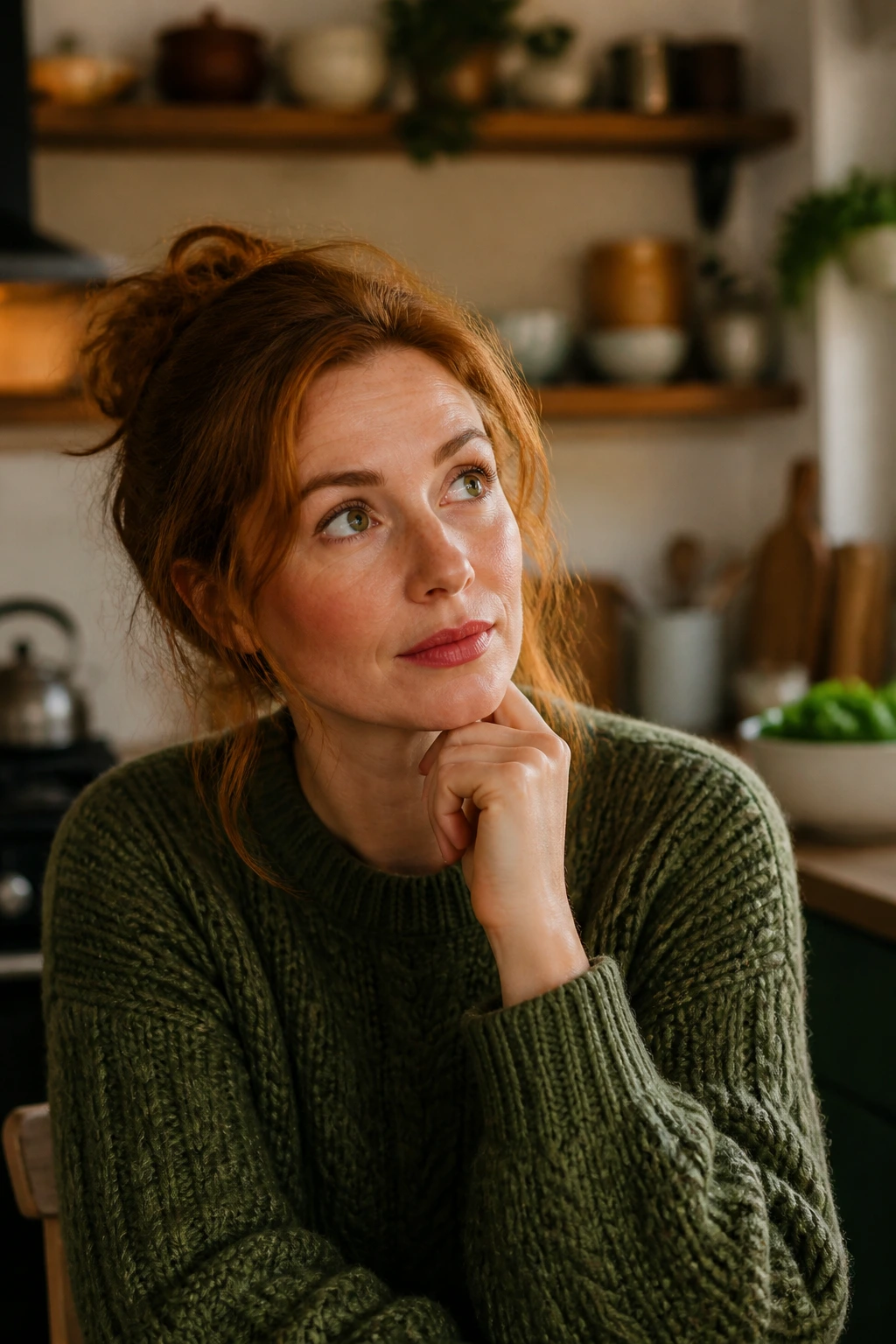 Portrait of a real person in a warm kitchen reflecting on Saint Patrick's Day dinner ideas