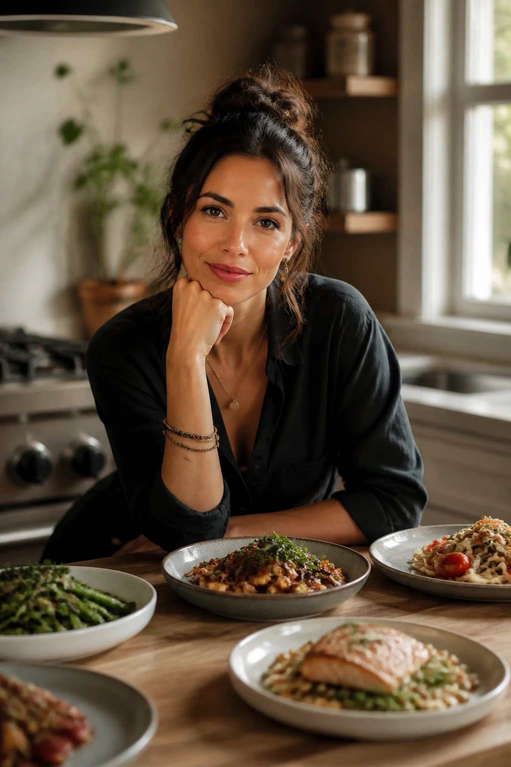 Portrait of a real person in a warm kitchen, representing asking questions about date-night dinners.