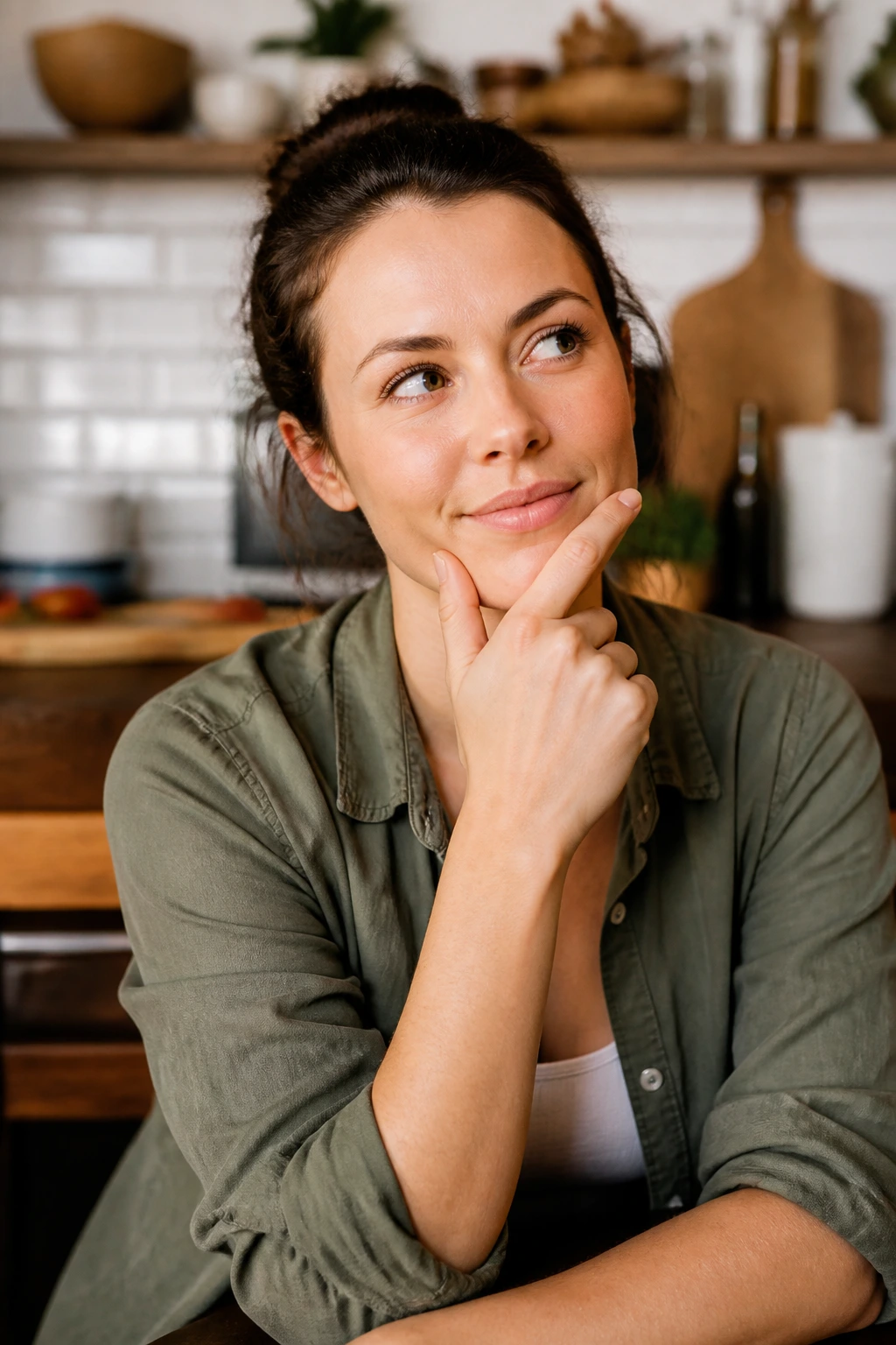 Portrait of a real person in a kitchen reflecting curiosity about Whole30 dinners