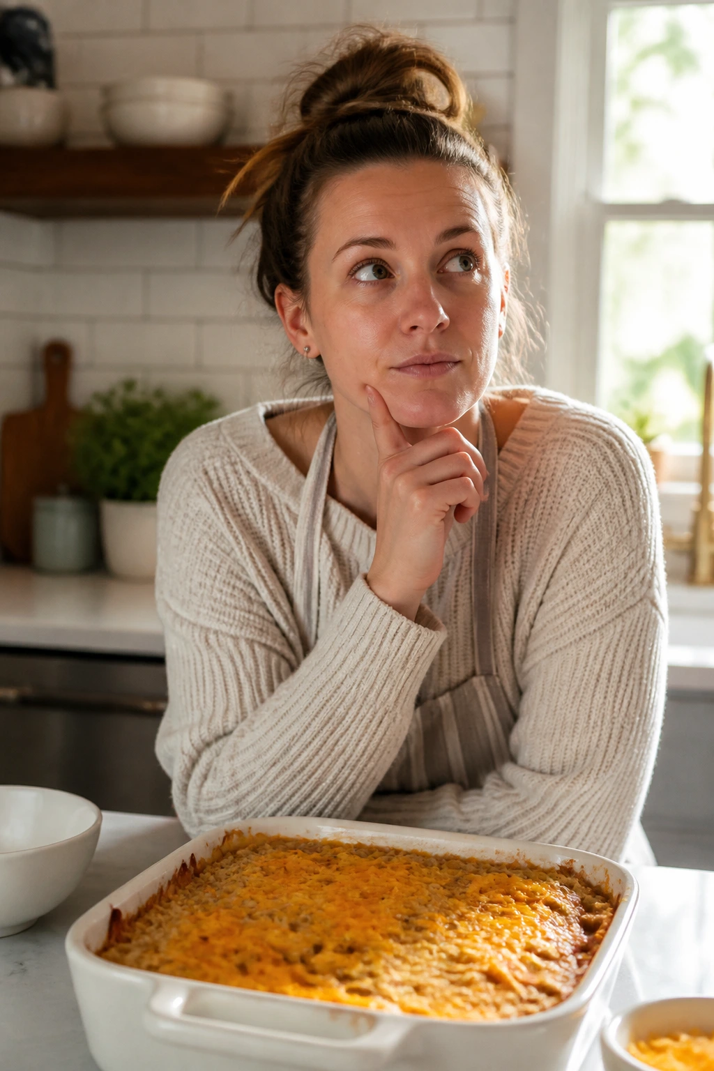 Portrait of a home cook in a bright kitchen considering hashbrown casserole FAQs