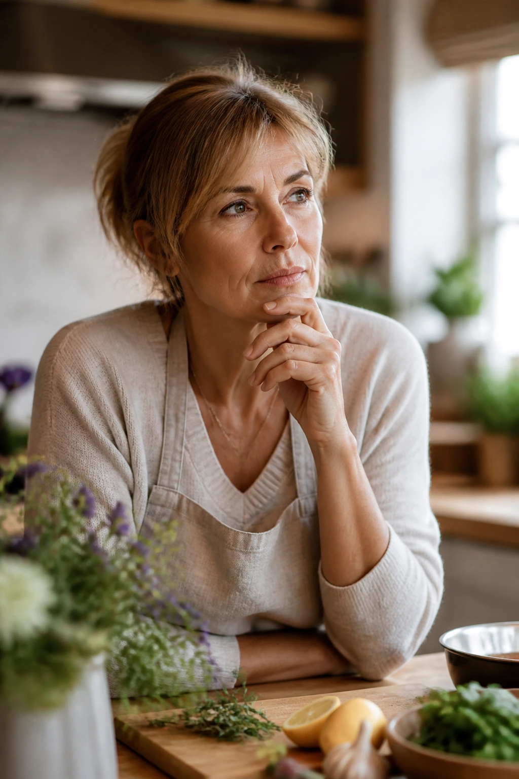 Real person in a cozy kitchen thoughtful expression for FAQs