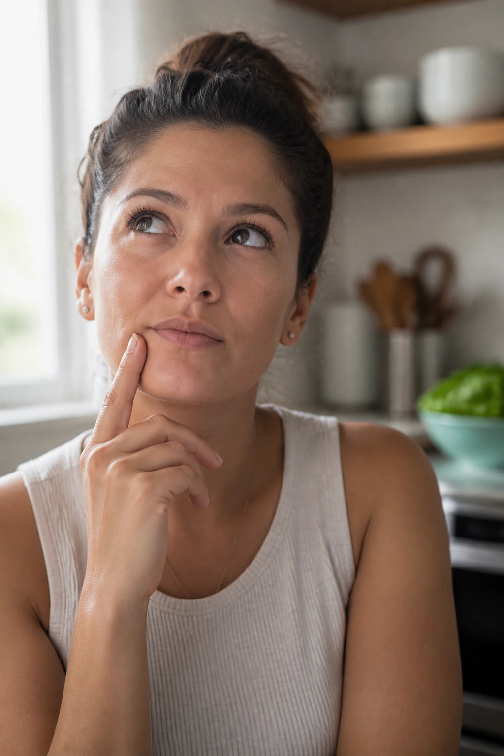Real person in kitchen with thoughtful expression contemplating hot-night dinners
