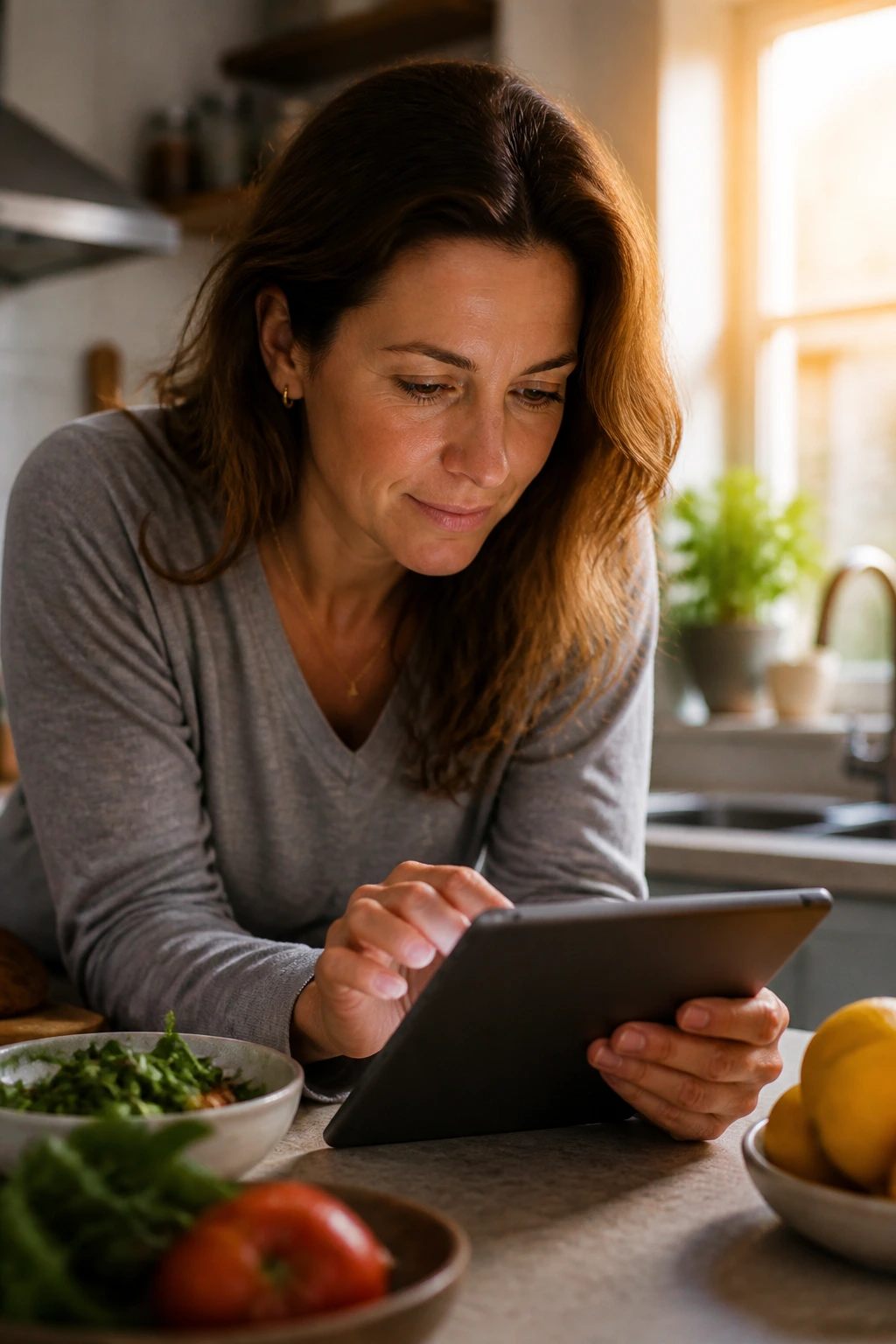 Real person in a cozy kitchen looking at a glowing tablet