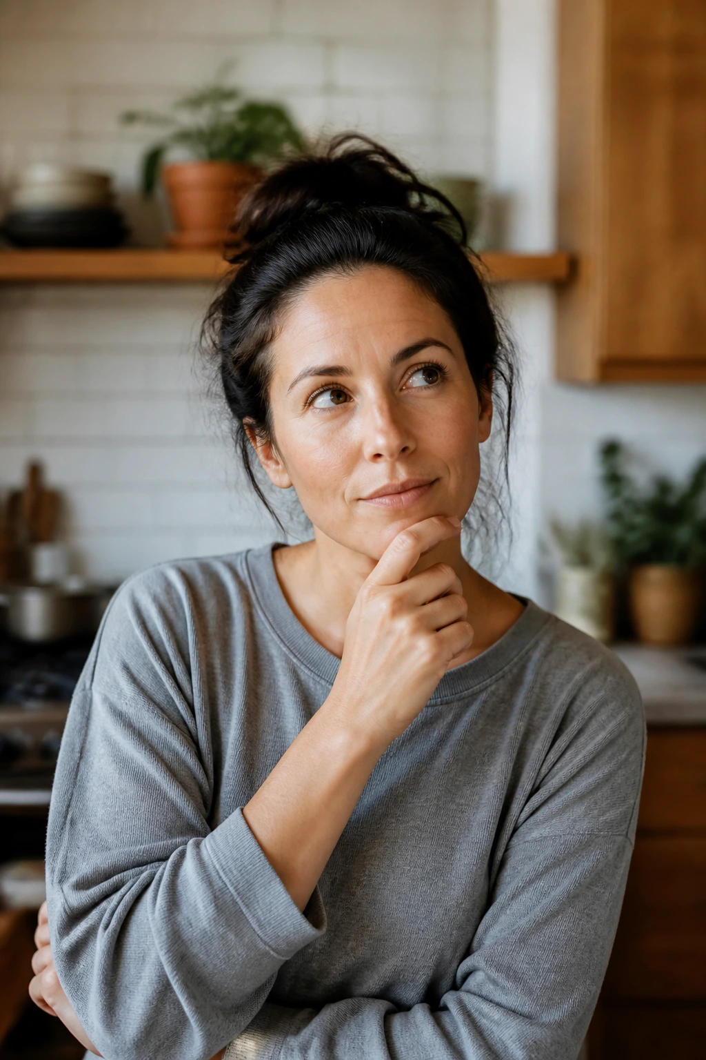 Thoughtful home cook in a kitchen contemplating questions about quick dinners
