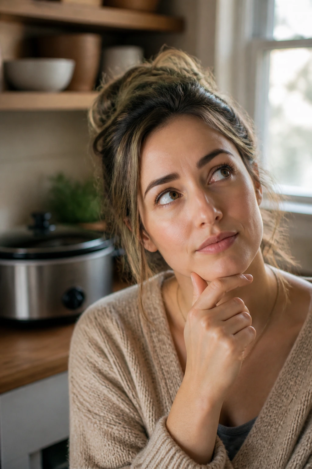 Close-up portrait of a real person in a kitchen, thoughtful expression, representing crockpot FAQ questions