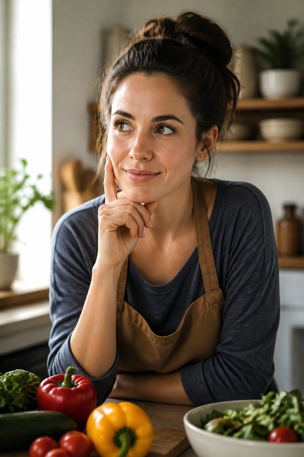 Close-up portrait of a real person in a kitchen with a thoughtful expression