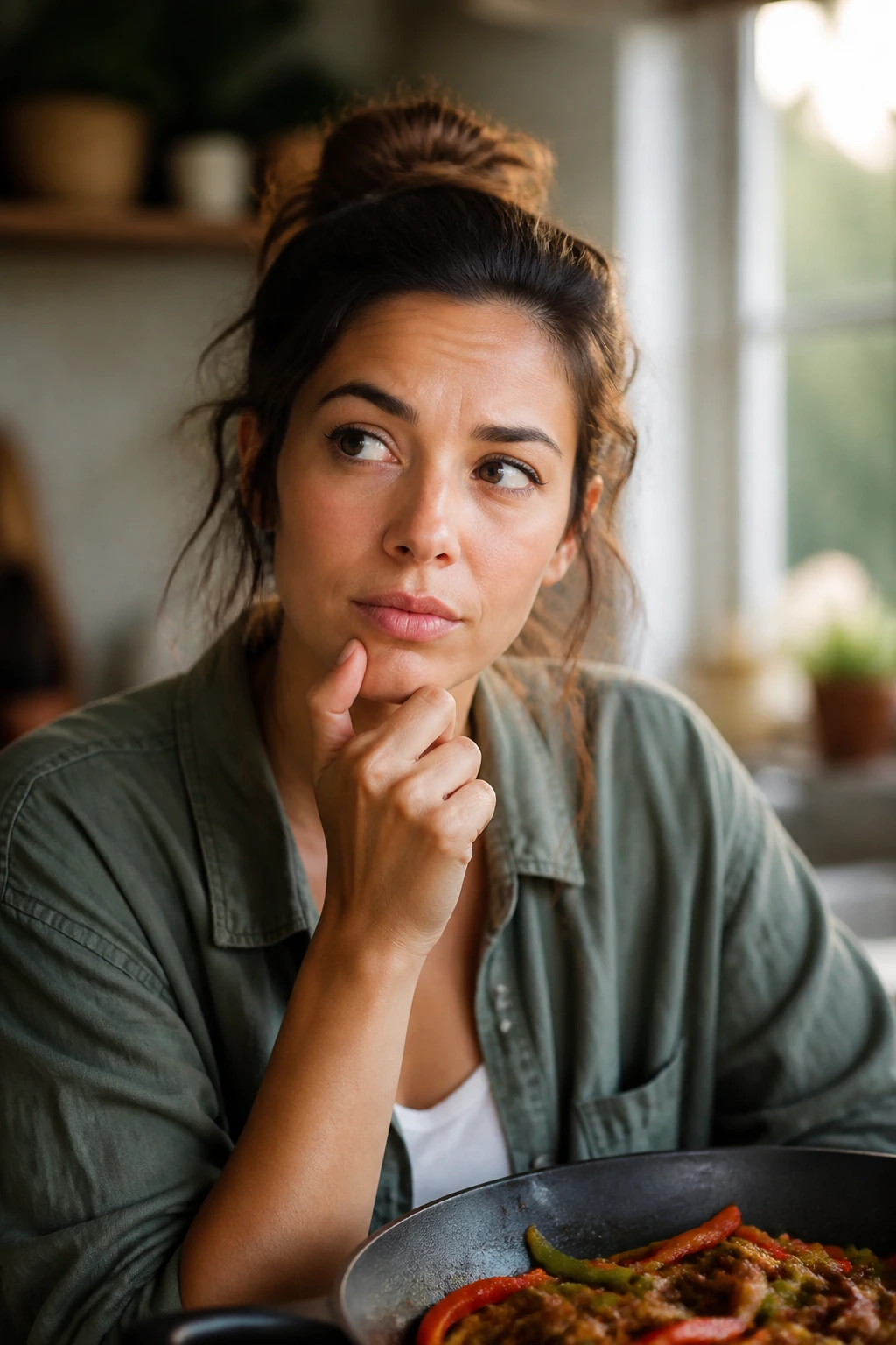 Real person in a warm kitchen, thoughtful expression about fajita questions.
