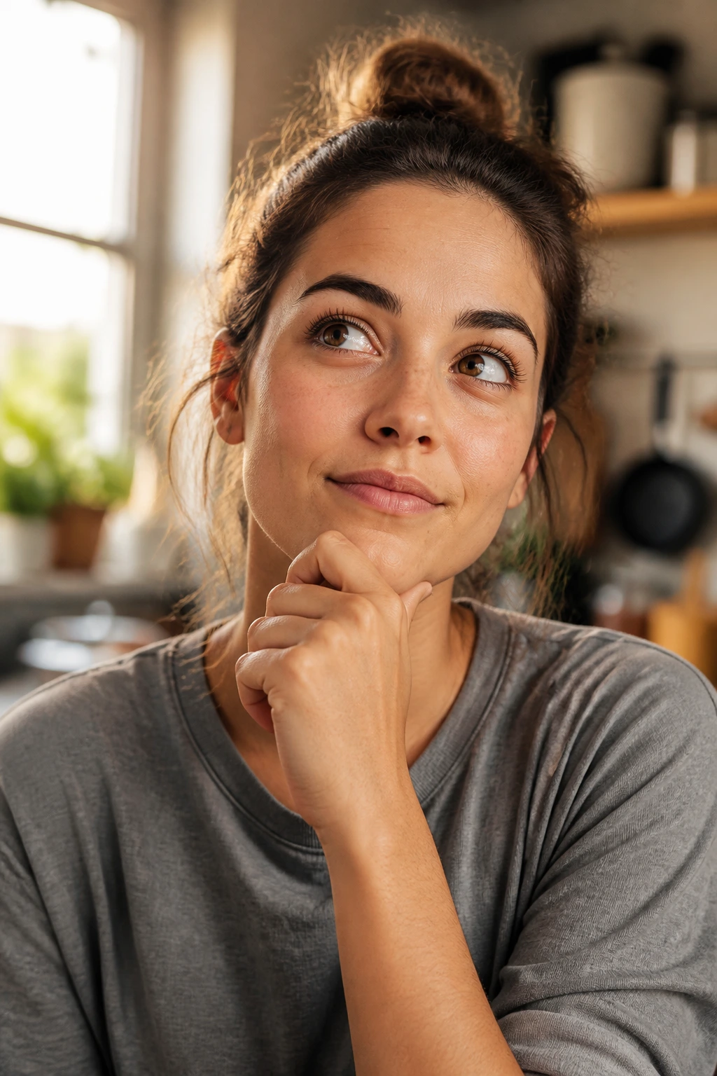 Real person in kitchen thinking, FAQ concept portrait