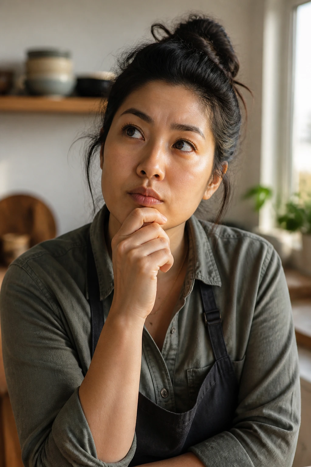 Portrait of a real person in a kitchen thinking