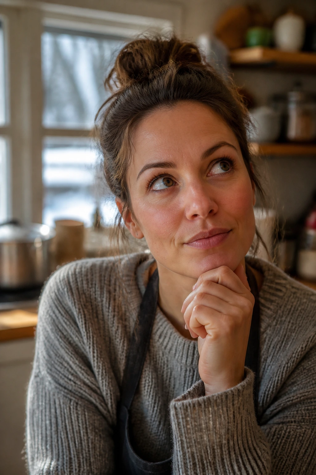 Portrait of a real person in a warm kitchen with a thoughtful expression