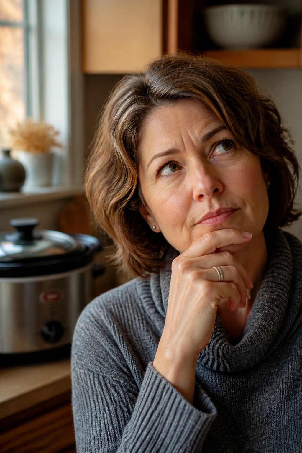 Portrait of a real person in a kitchen, appearing curious about slow cooker questions.