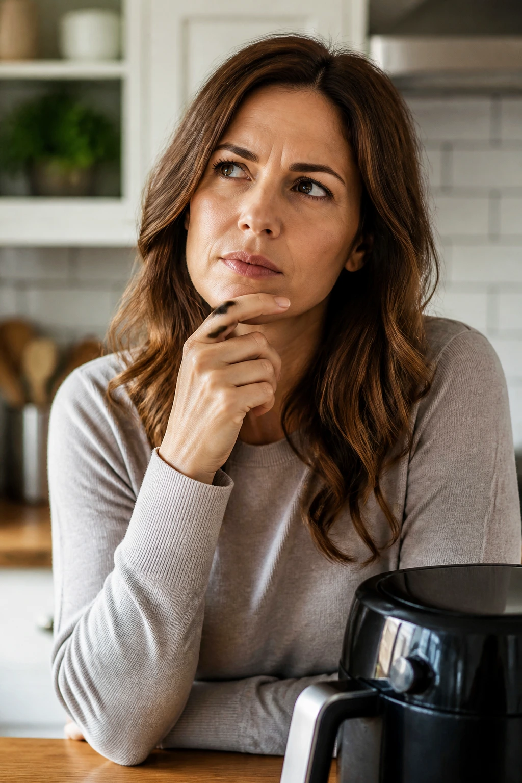 Close-up portrait of a real person in a kitchen, thoughtful expression representing air fryer questions