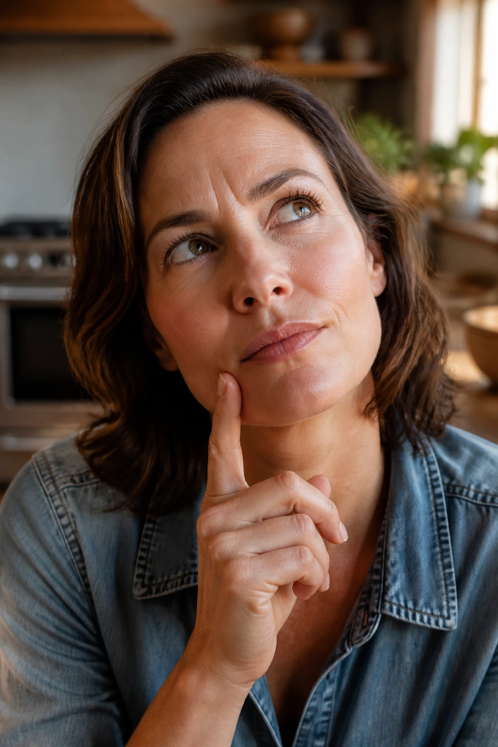 Close-up portrait of a thoughtful adult in a warm kitchen with natural light